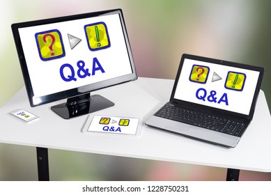Q&a concept shown on different information technology devices