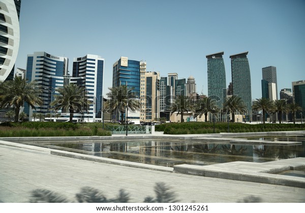 QATAR, DOHA, MARCH 20, 2018: Financial centre in\
Doha city, Qatar. View on skyscrapers in Doha downtown, Qatar,\
Persian Gulf, Arabian Peninsula. Doha - capital and most populous\
city in Qatar