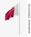 Qatar flag waving on a pole. The flag of Qatar features maroon and white colors. Qatar flag symbolizes national pride. Maroon and white flag of Qatar.