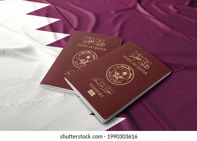 Qatar passport on the Qatari flag, the Arab Gulf State