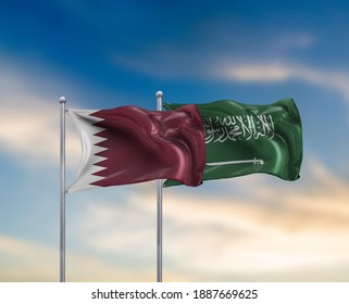 Qatar And Saudi Arabia Flag With Sky. Qatar And Saudi Arab Relation Or Deal Concept. Saudi Arabia And Qatar Restore Full Ties, Agreed To Reopen Their Airspace And Maritime Borders. 