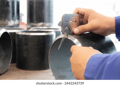 QC inspector measure the bevel angle with Multi Welding Gauge. Welding Gauge is a measuring tool used to measure the angle or height of the welding of the objects as required by braced with the object