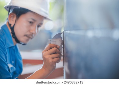 QC Technician inspector using welding gauge inspection butted weld on steel plate  structure in industry fabrication factory. NDT