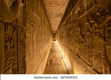 Qena , Egypt - Dec.05.2020:
Wall Reliefs In Underground Crypt At The Temple Of Hathor. Dendera Temple Near Of Luxor Egypt. 