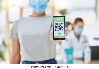 QR Code For Covid Vaccine Passport And Certificate At Covid 19 Vaccination Center Or Site For Health And Safety Verification. Hands Of Young Girl With Smartphone For Approval Or Confirmation Document