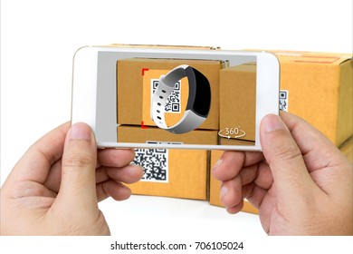 Qr code , Logistic , Augmented reality marketing , X-Ray packages technology concept. Hand using mobile phone to check items inside boxes. 3d rendering of smart watch popup out of mobile phone screen. - Powered by Shutterstock - Get 15% off with code: PIKWIZARD15
