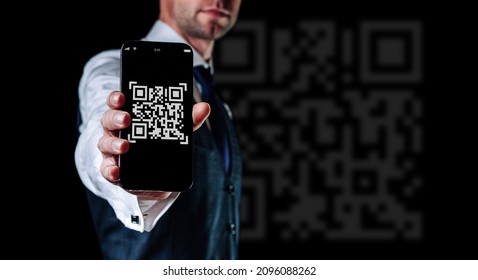 Qr code mobile. Digital mobile smart phone with qr code scanner on smartphone screen for online pay, scan barcode on black background. Qrcode payment, online shopping, cashless technology concept