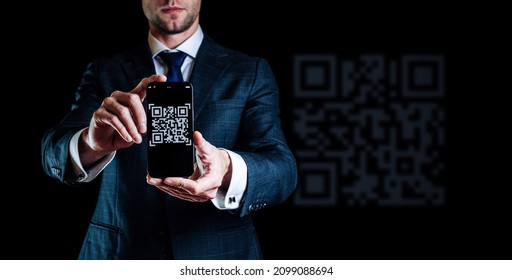 Qr code mobile. Digital mobile smart phone with qr code scanner on smartphone screen for online pay, scan barcode on black background. Qrcode payment, online shopping, cashless technology concept