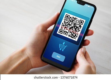 QR Code Mobile Phone Scan On Screen. Business And Technology Concept.