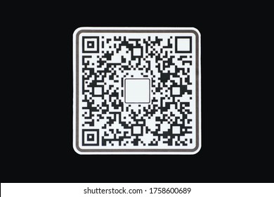 QR code on the black background, black and white symbol
