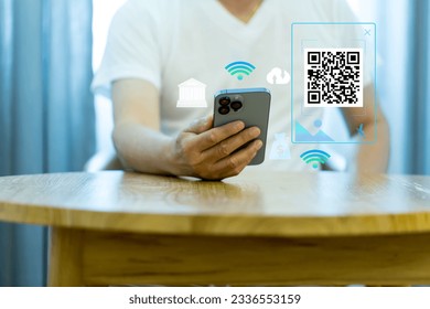 QR code on mobile phone screen, closeup. Unrecognizable businessman , paying for goods and services with payment system, creative image. digital money concept.


