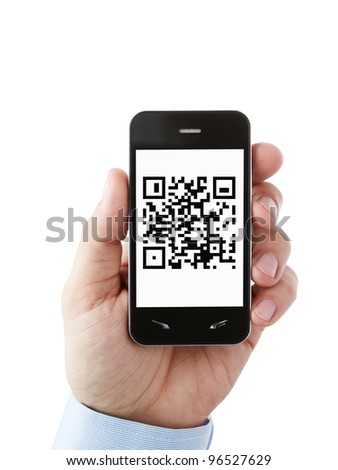 QR code on mobile smart phone with clipping path for the screen