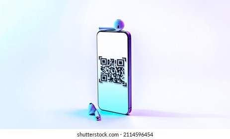 Qr code payment. Digital mobile smart phone with qr code scanner on smartphone screen for pay, scan barcode technology on neon background. Online shopping, cashless society technology concept