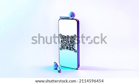 Qr code payment. Digital mobile smart phone with qr code scanner on smartphone screen for pay, scan barcode technology on neon background. Online shopping, cashless society technology concept