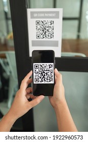 Qr Code Payment. E Wallet. Man Scanning Tag Accepted Generate Digital Pay Without Money.scanning QR Code Online Shopping Cashless Technology Concept