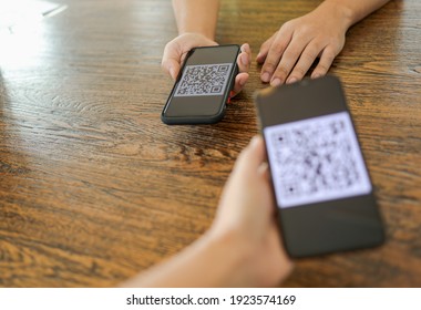 Qr code payment. E wallet. Man scanning tag accepted generate digital pay without money.scanning QR code online shopping cashless technology concept