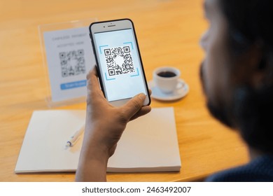 Qr code payment, E wallet , cashless technology concept illustration. Man scanning tag in Coffee shop accepted generate digital pay without money