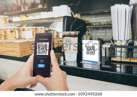 Qr code payment, E wallet , cashless technology concept illustration. Man scanning  tag in Coffee shop accepted generate digital pay without money.
