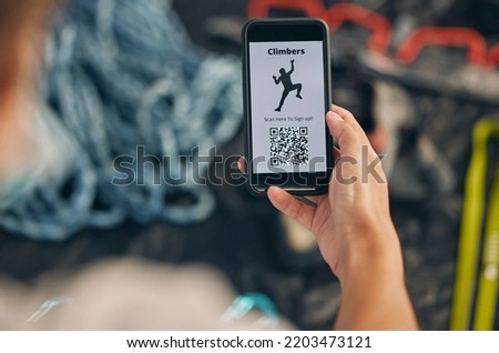 QR code phone, hand and climber signup on 5G internet for adventure hiking or trekking in nature. Hands of a person signing up, scan and barcode for mountain climbing on mobile smartphone technology