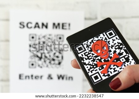 QR code scam concept - scanning a QR code can lead to phishing websites or malware apps. A female scanning a fraudulent QR code that is way for cons to steal your passwords and other valuable info