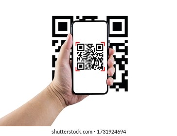 QR code scan with mobile smart phone. Isolated on white background. Qr code payment, E wallet , cashless technology concept.