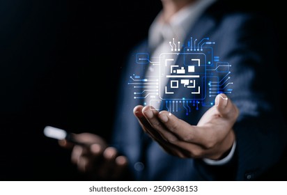 QR code scan for website or mobile application customer support, digital payment. Mobile technology for bank business and Investment. Businessman showing QR code icon on virtual screen.
