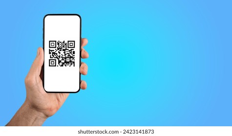 QR code scanner, mobile phone screen in hand for digital transaction, qrcode, banner background - Powered by Shutterstock