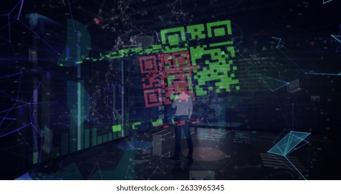 Qr code scanner and network of connections against thoughtful businessman and data processing. Global networking and business technology concept