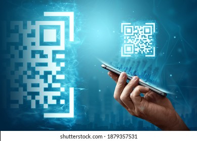 QR code and smartphone, new technologies. Electronic digital technologies scanning, barcode