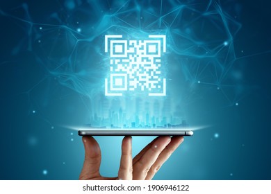 QR code and smartphone, new technologies. Electronic digital technologies scanning, barcode