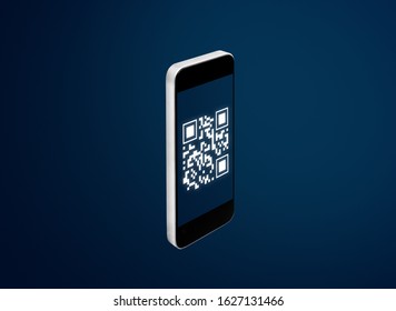 QR code verification system technology. Mobile smart phone scanning QR code, on blue background