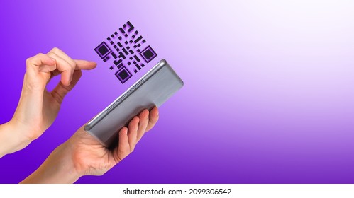 QR Technology. Tablet Computer In Hands Of Man. QR On Purple Background. Barcode Mark For Reading By Electronic Device. Concept Of Using QR To Intensify Or Pay. Copy Space Near Device