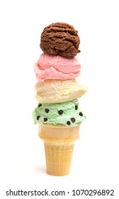 Quadruple Stack Of Ice Cream Scoops On A Sugar Cone