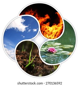 Ein viereckiges Yin-Yang-Symbol mit den vier Elementen der Natur: Feuer, Wasser, Erde, Luft.