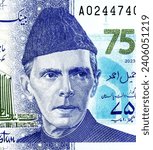 Quaid-e-Azam Muhammad Ali Jinnah (1876 - 1948). Portrait from Pakistan 75 Rupee (2023) banknotes. Muhammad Ali Jinnah is the founder of Pakistan