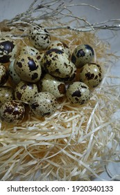 Quail eggs in the basket - Easter composition.Easter Tradition