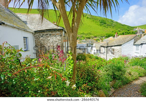 Quaint Cornish Cottages Picturesque Fishing Village Stock Photo