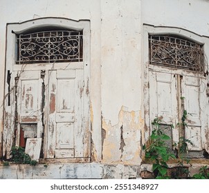 The quaint feel of an abandoned building with peeling paint, rustic wooden doors, and overgrown vegetation. The scene evokes a sense of decay, history, and nostalgia. Simetry composition.  - Powered by Shutterstock