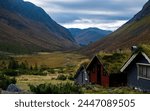 Quaint Norwegian village nestled in picturesque fjord landscape.