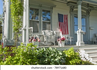 Quaint outdoor porch decked out for the 4th of July