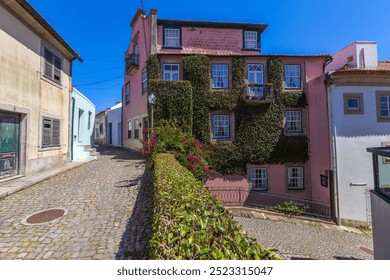 A quaint and picturesque alley featuring a charming building with a façade covered in lush green ivy. The building, with its pinkish walls and tiled roof, has multiple windows framed by the thick gree - Powered by Shutterstock