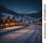 A quaint, snow-covered village sparkles under the night sky on Christmas Eve. Soft lights from cozy cottages glow warmly, illuminating snow-dusted rooftops and winding paths. Street lamps and trees ar