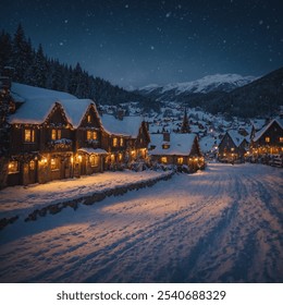 A quaint, snow-covered village sparkles under the night sky on Christmas Eve. Soft lights from cozy cottages glow warmly, illuminating snow-dusted rooftops and winding paths. Street lamps and trees ar - Powered by Shutterstock