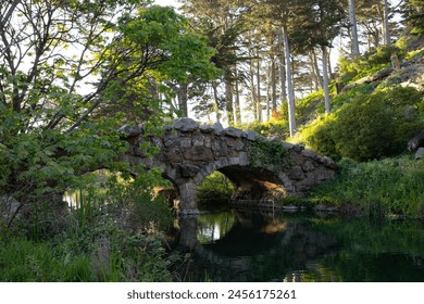 A quaint stone bridge over a calm pond, surrounded by lush greenery and trees, bathed in soft evening light - Powered by Shutterstock