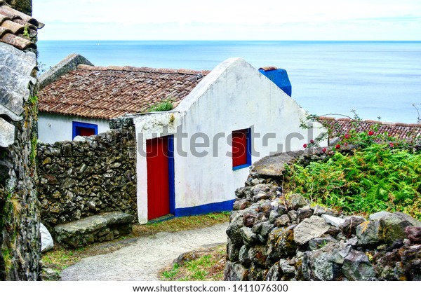 Quaint White House Red Door Blue Stock Photo Edit Now