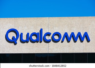 Qualcomm logo sign on headquarters building. Qualcomm Incorporated is an American multinational semiconductor and telecommunications equipment company - San Diego, California, USA - 2020