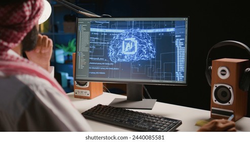 Qualified data scientist updating neural networks, writing complex binary code scripts. Certified teleworking man in home office uses digital device programming to upgrade AI