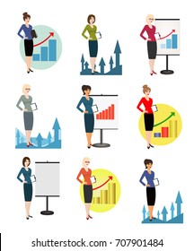 Qualified office workers on white background. Specialist in public relations, PR manager, skilled office employee, secretary, receptionist. Vertical location. Raster copy of vector illustration.