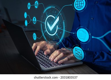 Quality Assurance and certification. Certified internet businesses and services. Compliance to international standards and regulations. Concept with consultant in QA management working on computer. - Shutterstock ID 2031803537