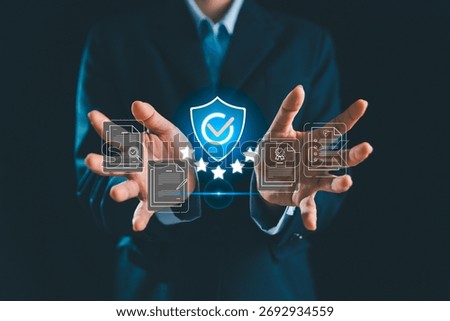 Quality assurance, certification concept emphasizes five-star service, compliance document, verified standard supporting perfect branding, trust building, product credibility, delivering top service
